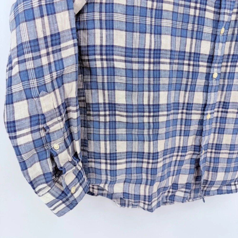 J Crew Slim Fit Blue Plaid Linen Button Down Shirt XL F0850